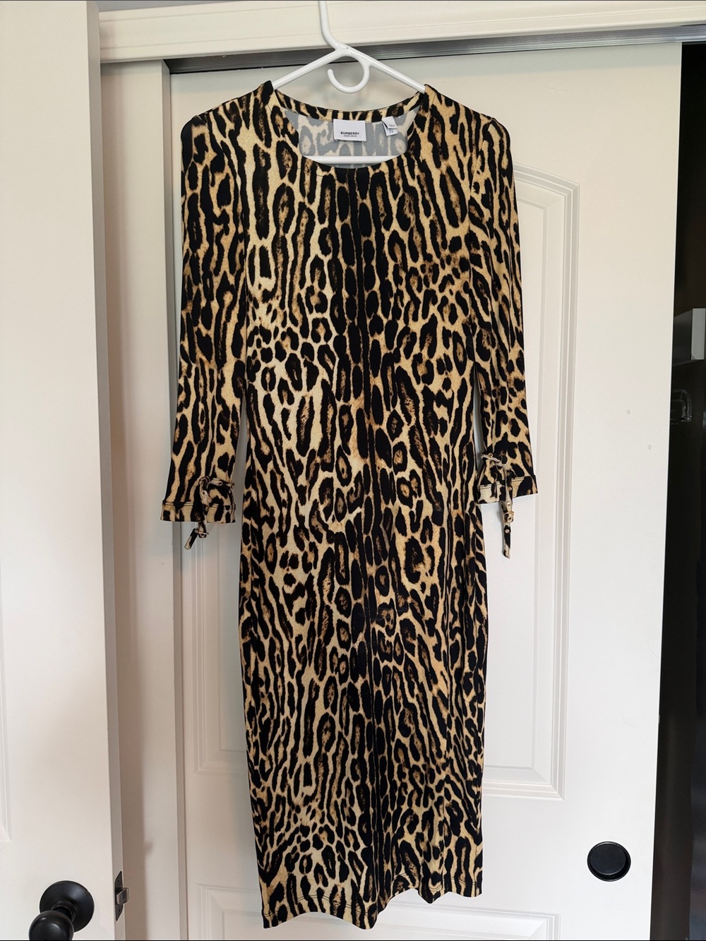 Burberry Stretch Jersey Leopard Print Midi Dress Belted Cuffs size US6
